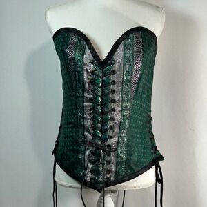 Emerald Green Black Silver Brocade Lace Up Corset Top Bustier Steampunk Gothic
